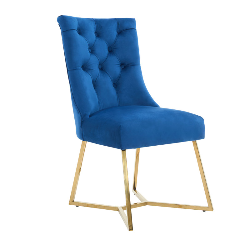 Ambra Modern Velvet Dining Chair With Gold Legs, Ring Handle & Tufted Back, Blue