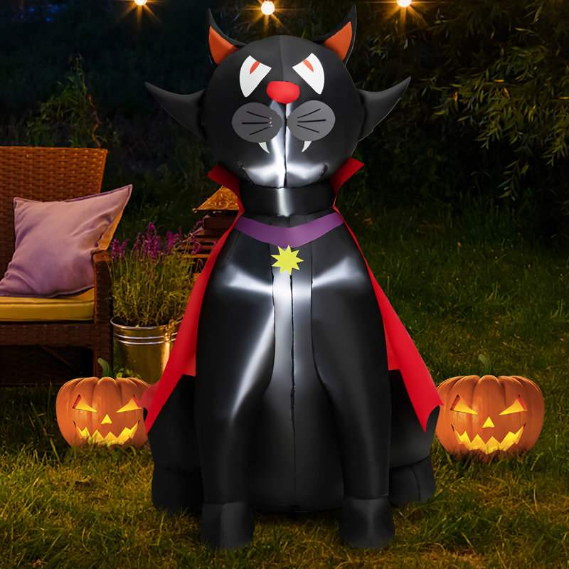 Chat gonflable vampire noir avec cape rouge gonflable