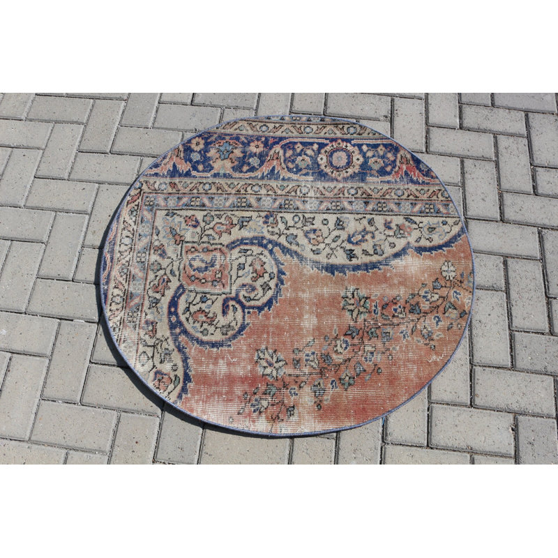 Tapis de porte turc vintage rétro dans les tons de bleu et de pêche avec un motif floral orné pour la décoration