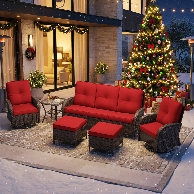 5-Person Outdoor Patio Conversation Rattan Sofa Seating Group With Side Table,2 Swivel Chairs，2 Ottomans and Red Cushions