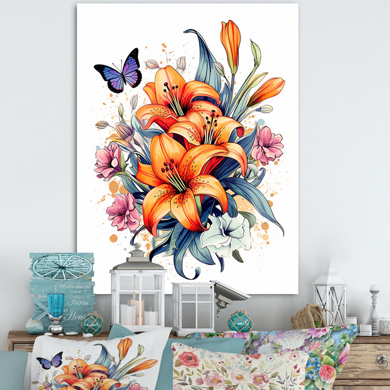«Whimsical Butterfly and Colorful Lilies», reproduction sur toile, Encadrement doré, H 40 po x l 30 po