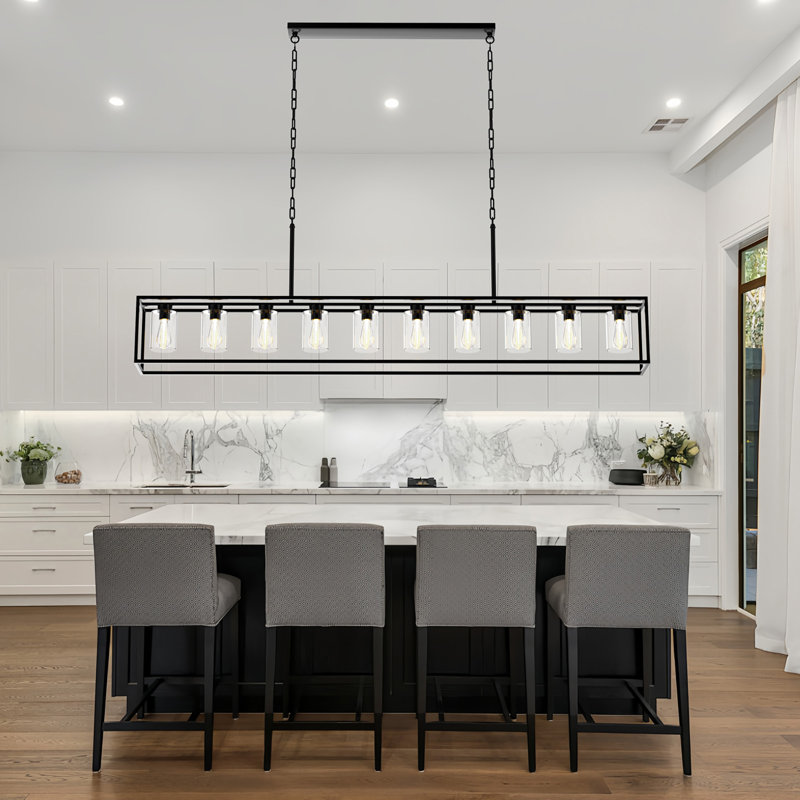 Lustre linéaire pour îlot de cuisine 10 lumières avec abat-jour en verre transparent noir mat
