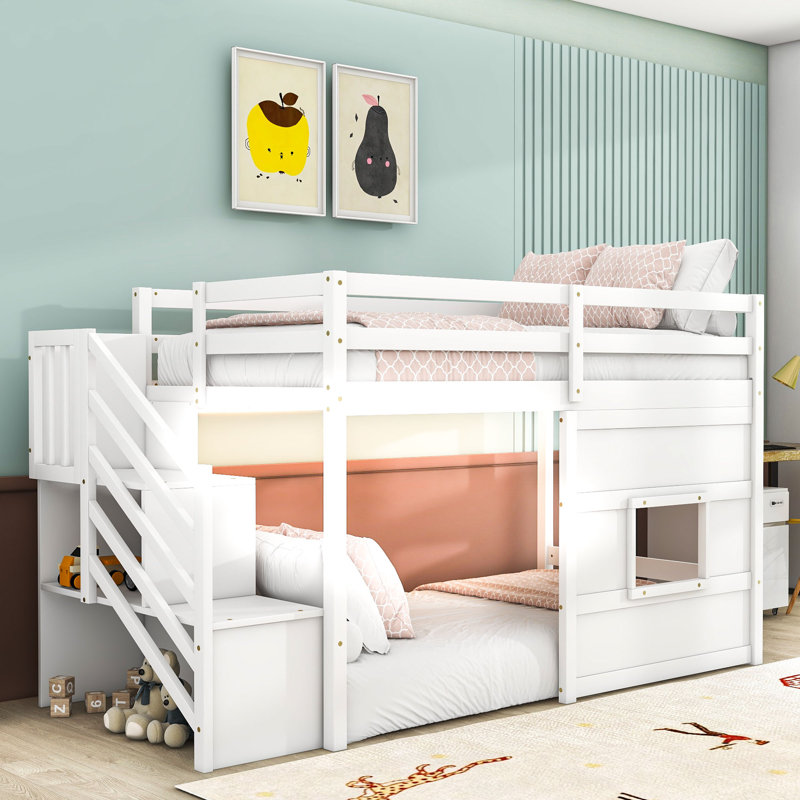 Twin Wooden Loft Bed With Storage Stair, LED Lighting And Playful Window Design, White