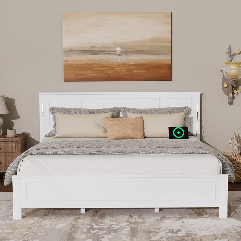 Lit plateforme avec lumières DEL intégrées, station de charge USB, Blanc