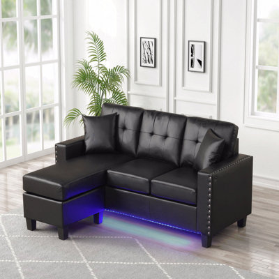 Canapé modulaire réversible en PVC noir l 74 po Sorrento avec lumière DEL, port USB, garniture cloutée, coussins décoratifs, coussin capitonné