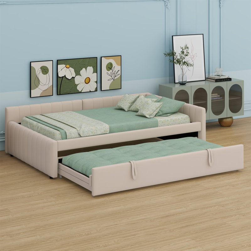 L-Shaped Upholstered Daybed With Pop Up Trundle, Beige