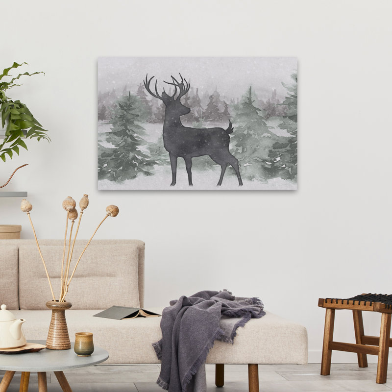 «A Peaceful Moment II», art contemporain de forêt couvert de neige, vert, H 24 po x l 36 po
