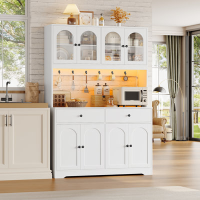 47.4'' Kitchen Pantry Cabinet, Baker's Rack with Microwave Shelf, Built-in LED Lighting, Storage Cabinet for Kitchen, Dining Room or Living Room