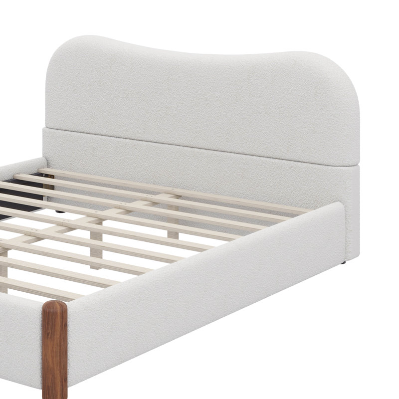 Lit plateforme avec dessus rembourré en tissu et pieds en bois, Queen, White