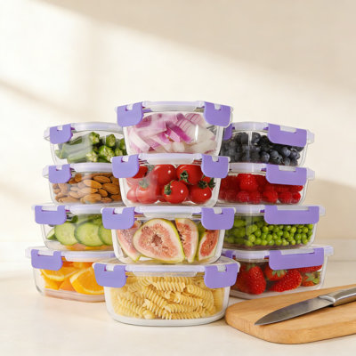 Ensemble de 24 contenants alimentaires en verre avec couvercles | Étanche à l'air, étanche et sans BPA | Va au micro-ondes, au four et au congélateur | Contenants empilables pour préparation de repas, bento et organisation de cuisine