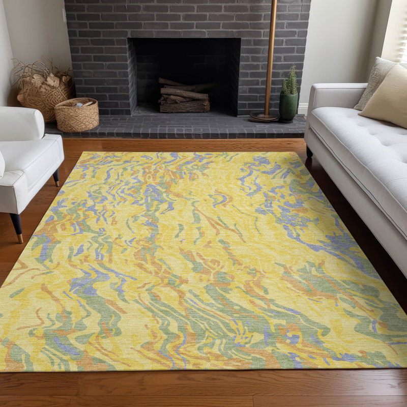 Yellow Rectangular Flat Woven Synthetic Washable Rug, 46" x 30"