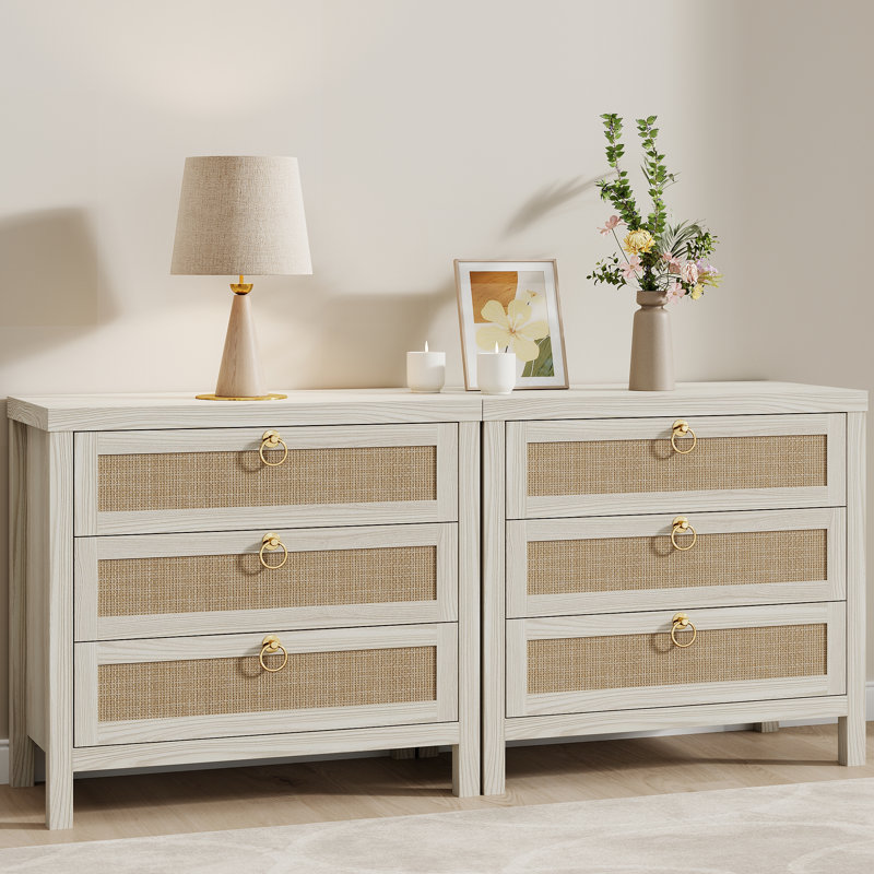Boho Large Nightstands Side Table With 3 Drawers, White, Set of 2