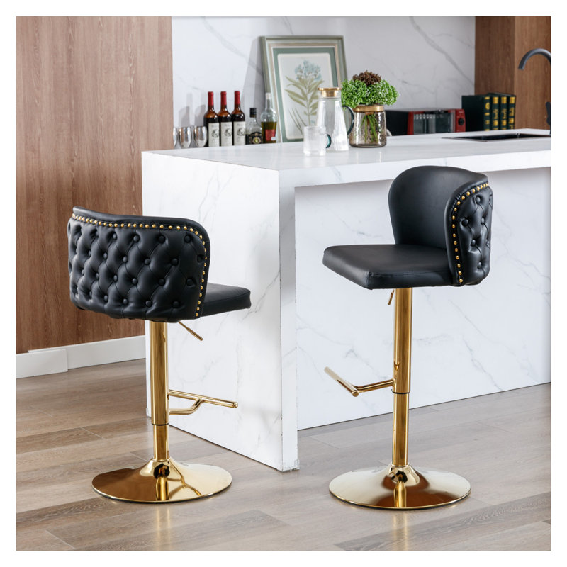  Ensemble de 2 tabourets de bar pivotants, réglables en hauteur, avec tabourets de bar rembourrés en polyuréthane noir moderne à dossier plein et capitonnés, pour bistro et îlot de cuisine