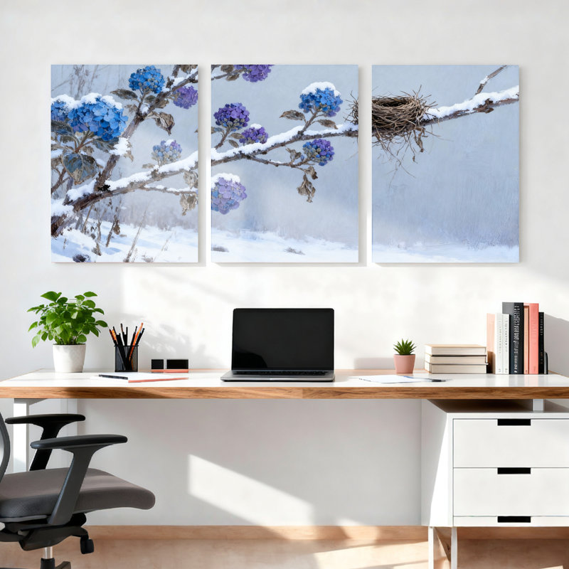 Winter Hydrangea and Bird Nest Canvas Wrapped Wall Art, Oil Painting Print (Set of 3), 36" H x 72" W