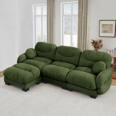 Canapé modulaire confortable en tissu chenille 3 places avec siège ergonomique en mousse haute densité, canapé modulaire en forme de L avec repose-pieds, accoudoirs arrondis arrondis et 2 coussins décoratifs ronds