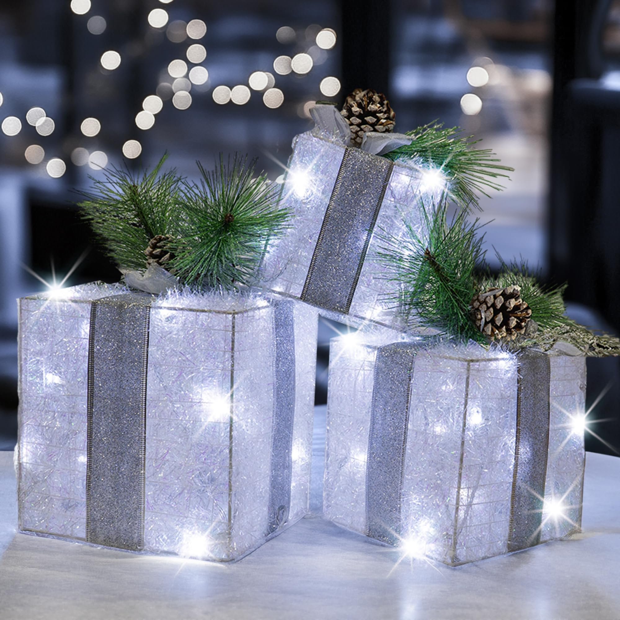 Lighted Christmas Boxes Set Of 3 Christmas Lighted Gift Boxes - 60 LED Warm  White Pre-lit Outdoor Decor Outdoor Christmas Present Decorations, image size:2000x2000