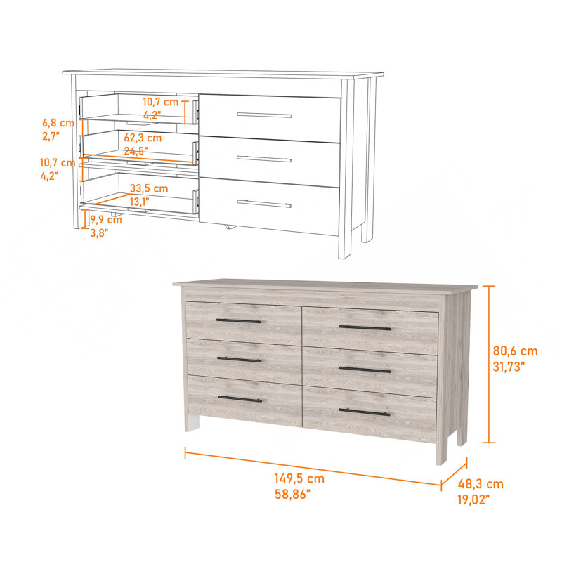 Commode double à six tiroirs Luxor, quatre pieds, Gris clair