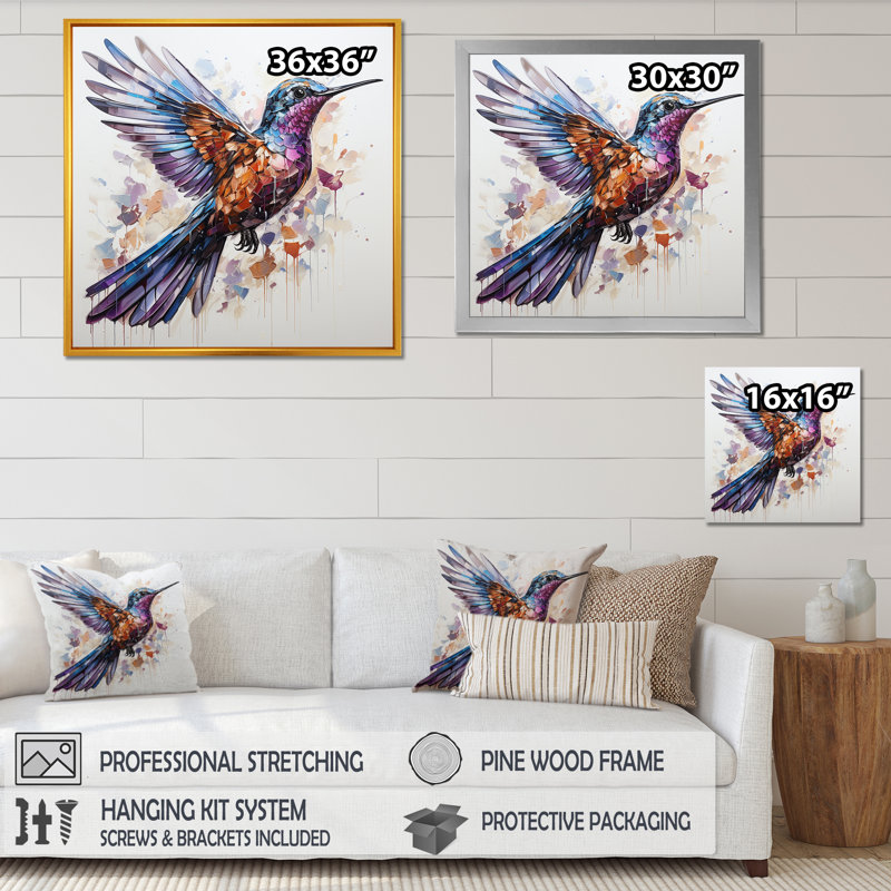 Vol de colibri bleu et brun - Art mural colibri, Cadre flottant blanc, H 36 po x l 36 po x P 1,5 po
