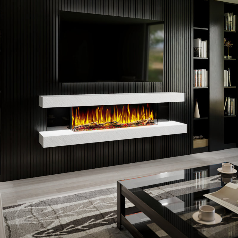 Vegas 72-Inch Wall Mounted Electric Fireplace | Venetian Stone | Fully Assembled | 3-Sided Panoramic Flame | Remote Control | Led Side Lights