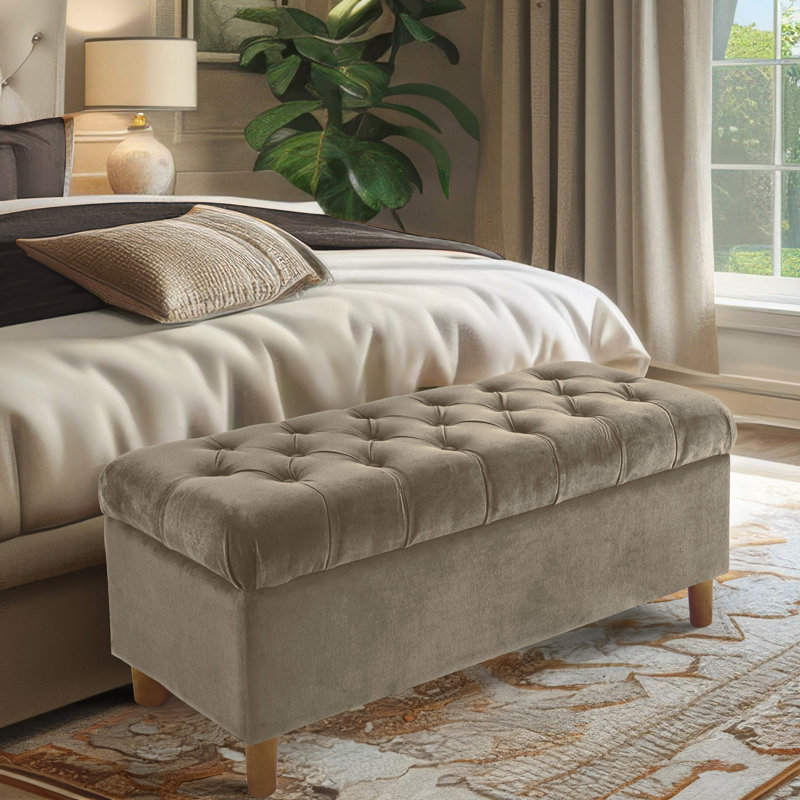 Fawn Velvet Tufted Storage Bench with Honey Oak Legs