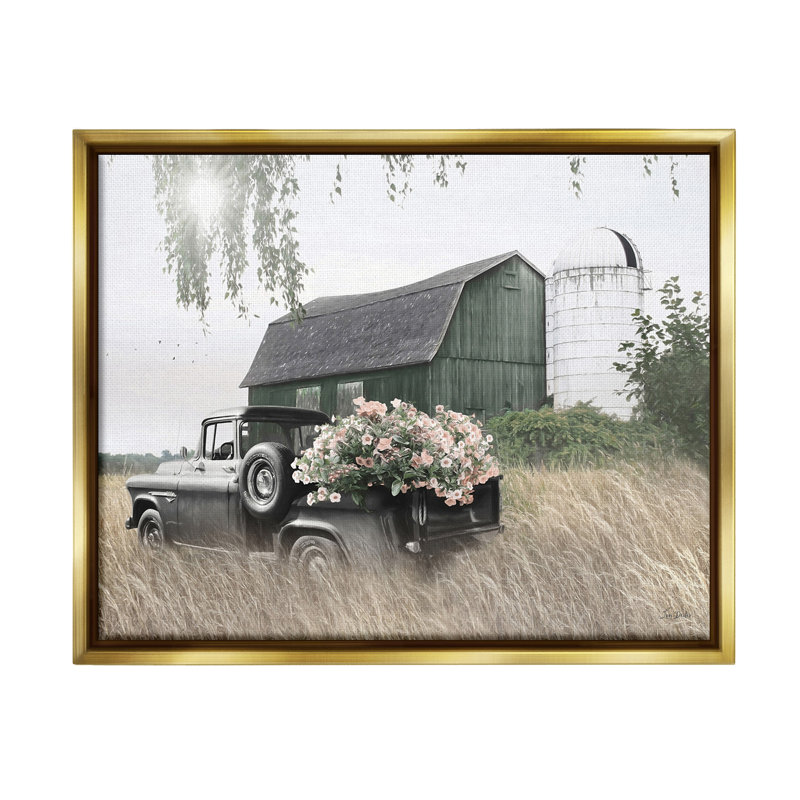 «Barn And Truck With Florals» par Lori Deiter sur toile, Cadre flottant métallique doré, H 25 po x l 31 po