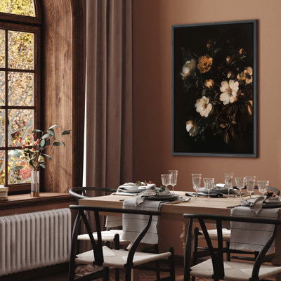 Art mural rétro blanc floral sur toile noire, impression encadrée romantique pour chambre à coucher foncé ou décor de couloir élégant