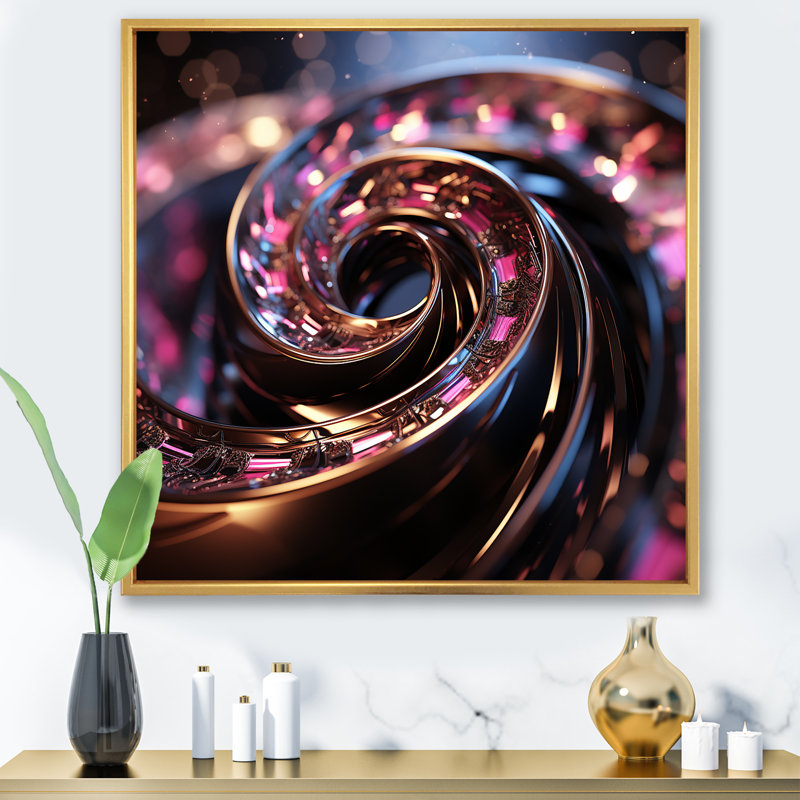 Dégradé rose doré, spirale noire - spirales abstraites, art mural, Cadre flottant doré, 16" H x 16" W