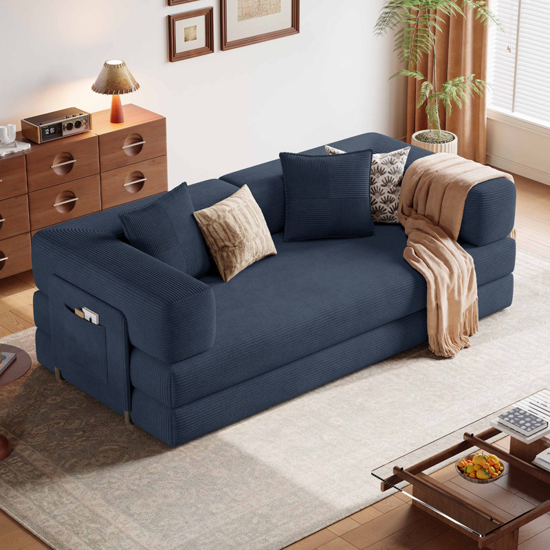 Boneless Folding Convertible Sleeper Sofa Bed, Modern Futon Couch With 2 Pillows, Comfy Fold Out Loveseat Sofa For Living Room Bedroom Guest Room Office, Compression Sofa in Box(Blue)