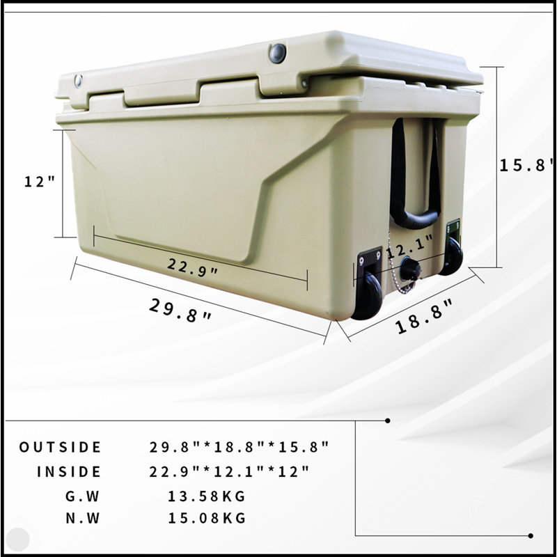 Glacière rotomoulée kaki 65QT pour le camping, la pêche et les activités de plein air avec isolation supérieure, Kaki