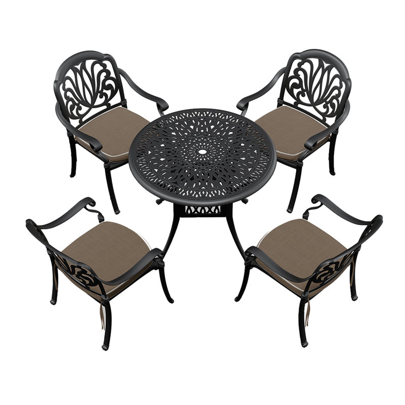  Piece Set Of Cast Aluminum Patio Furniture With Black Frame And Brown Seat Cushions, 4