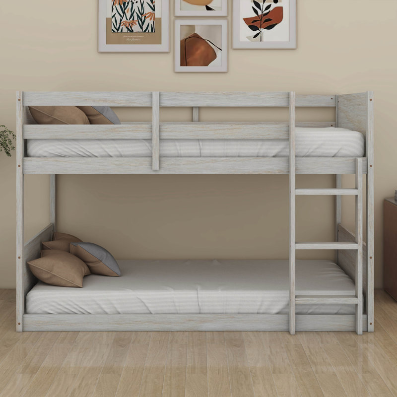 Low Bunk Beds Twin Over Twin For Kids, Wood Bunk Bed For Juniors/Boys/Girls With Full Guardrails & Ladder, Panelled Headboard & Footboard