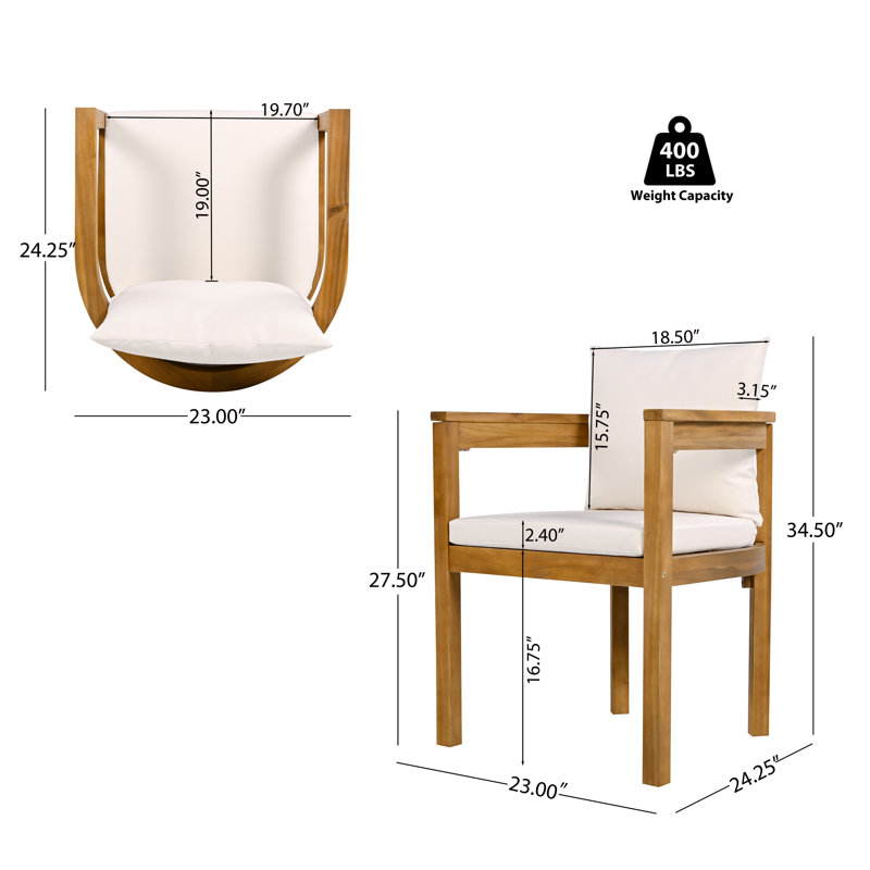 Renaud Modern Coastal Acacia Wood Outdoor Dining Set With Cushioned Armchairs And Round Slat Table