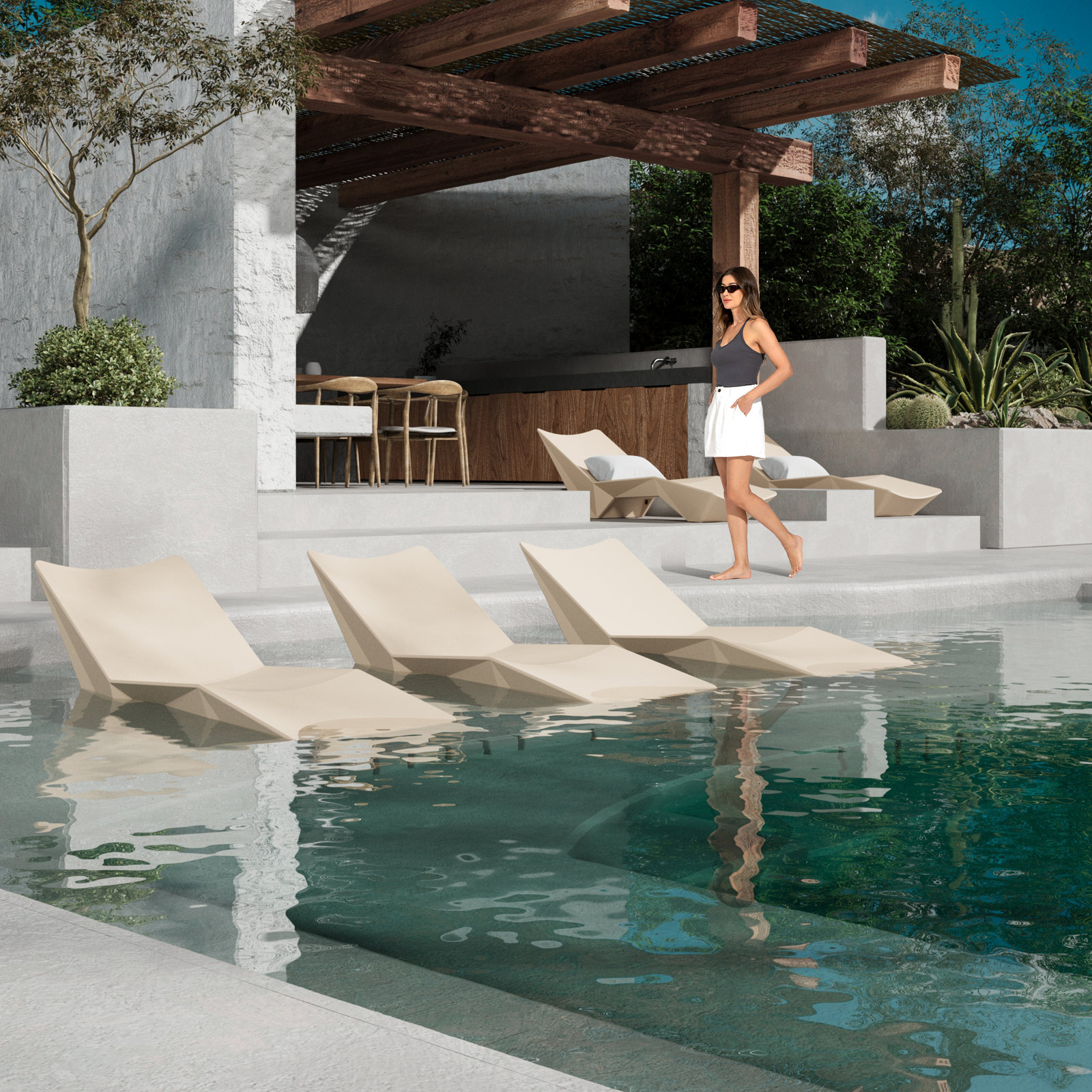 In-Pool UV Resistant and Waterproof Chaise Lounge, 4, Beige