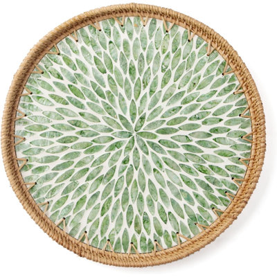 Plateau rond en rotin avec incrustation de nacre, base en bois | Plateau de service de table basse, osier décoratif tissé pour la décoration de patio