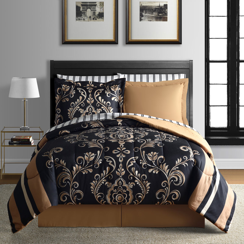 Sabrina Black and Gold Microfiber Queen Bed-in-a-Bag Set