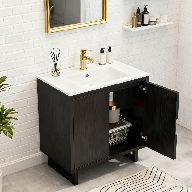 Ensemble de meuble-lavabo à cadre en bois 30 po avec lavabo Euyif, Noir mat
