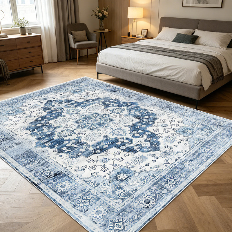 1PC vintage distressed blue and grey medallion Persian area rugs for Living Room, Soft and Comfortable, Suitable for all seasons, easy-to-maintain, machine washable Indoor floor mat, Under Table Farmhouse suitable for dining room, bedroom, home
