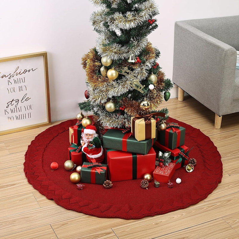 Jupe tricot de sapin de Noël rouge, cache-pied de sapin douillet en maille torsadée, décor rustique et festif