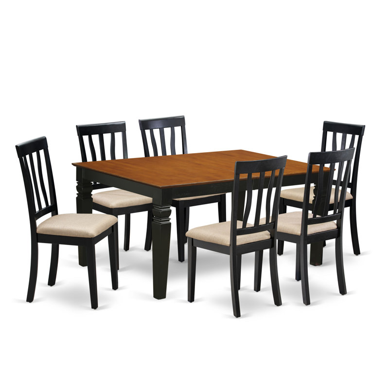 Ensemble de mobilier de salle à manger 7 pièces composé d'une table de cuisine rectangulaire avec rallonge papillon et 6 chaises en tissu de lin, noir et cerise