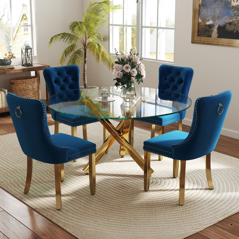 Ensemble de table de salle à manger 5 pièces, H 29,5 po x L 47 po x l 47 po, Bleu/doré, Or