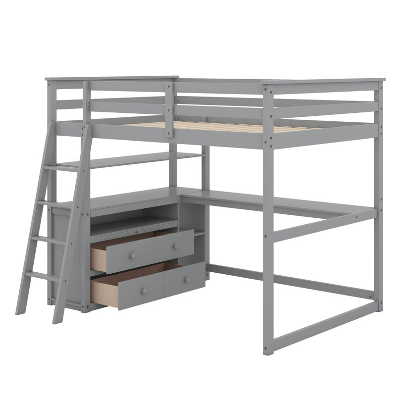 Lit mezzanine double avec bureau et tablettes, deux tiroirs intégrés, Gris