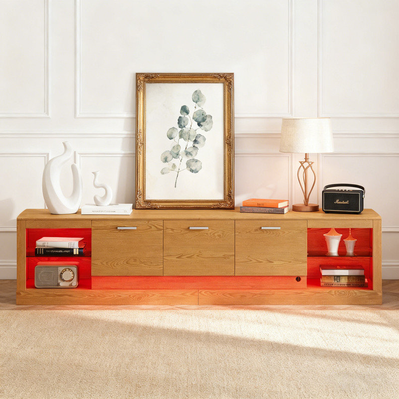 Meuble télé 78 po avec 78 armoires et 2 tablettes ouvertes, centre de divertissement pour téléviseurs de 90 po, console multimédia avec télécommande