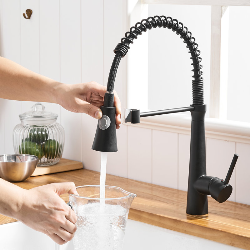 Robinet d'évier de cuisine noir mat avec buse rétractable, poignée à levier unique, matériau en laiton, revêtement par points, contrôle de débit pratique, manuel d'installation rapide