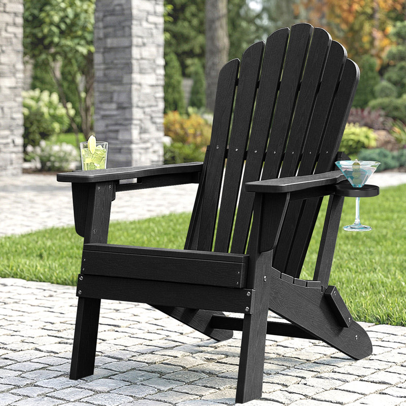 Folding HDPE Adirondack Chair with Dual Cup Holders – All-Weather Outdoor Patio Chair, Black