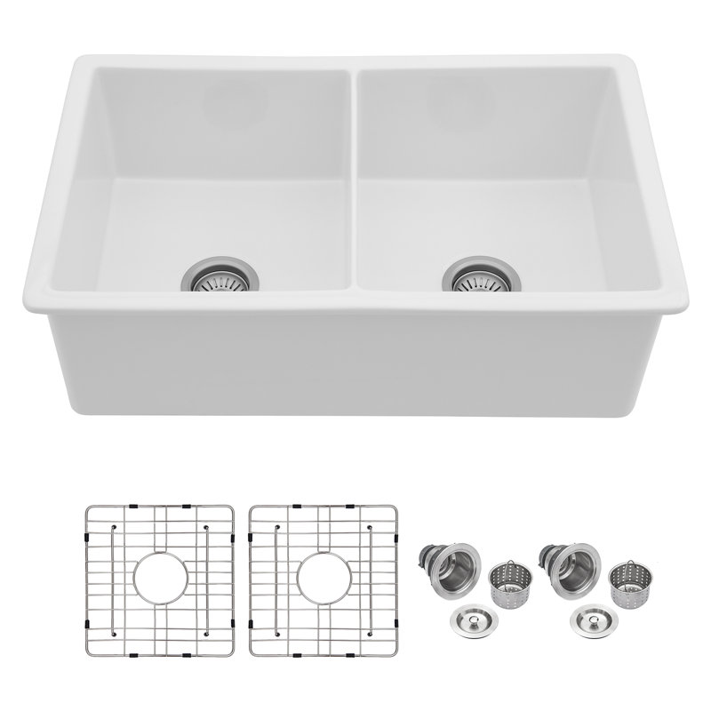 32"L x 19"W Undermount/Drop-In Fireclay Kitchen Sink White Porcelain Double Bowl (50/50) Kitchen Sink with Bottom Grid and Basket Strainer