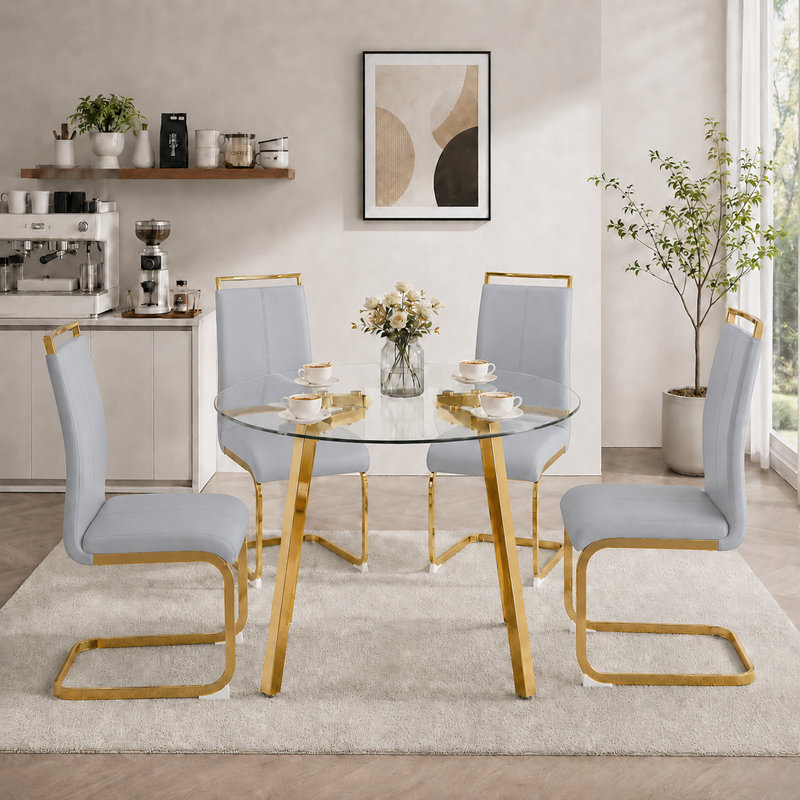 Ensemble de table de salle à manger 5 pièces Modern Glam, Gris clair, Doré