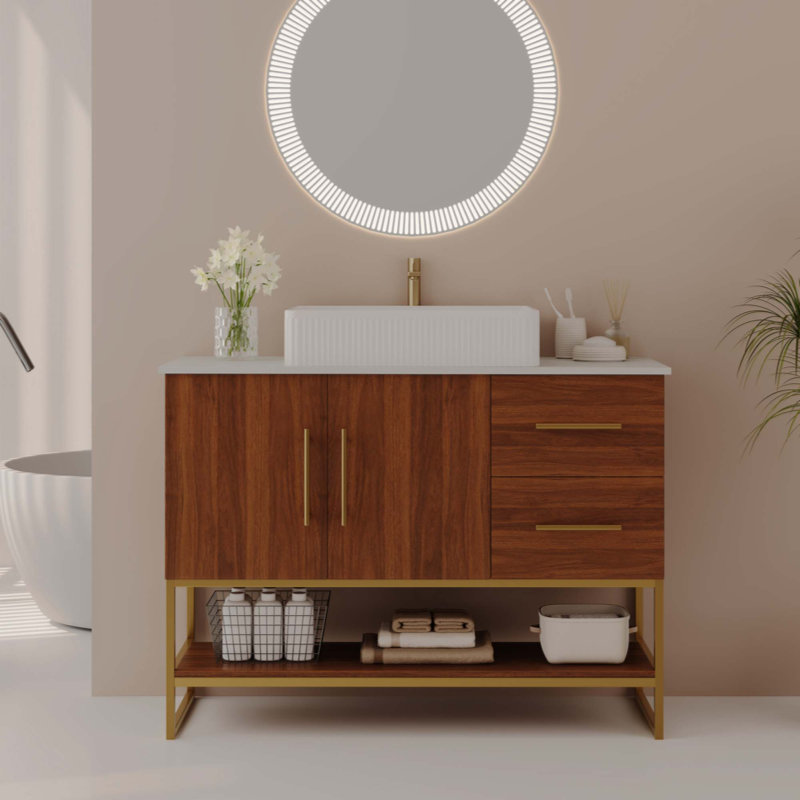 Meuble-lavabo moderne avec lavabo vasque en céramique, armoire autoportante dorée, Rectangle, Gold,Walnut