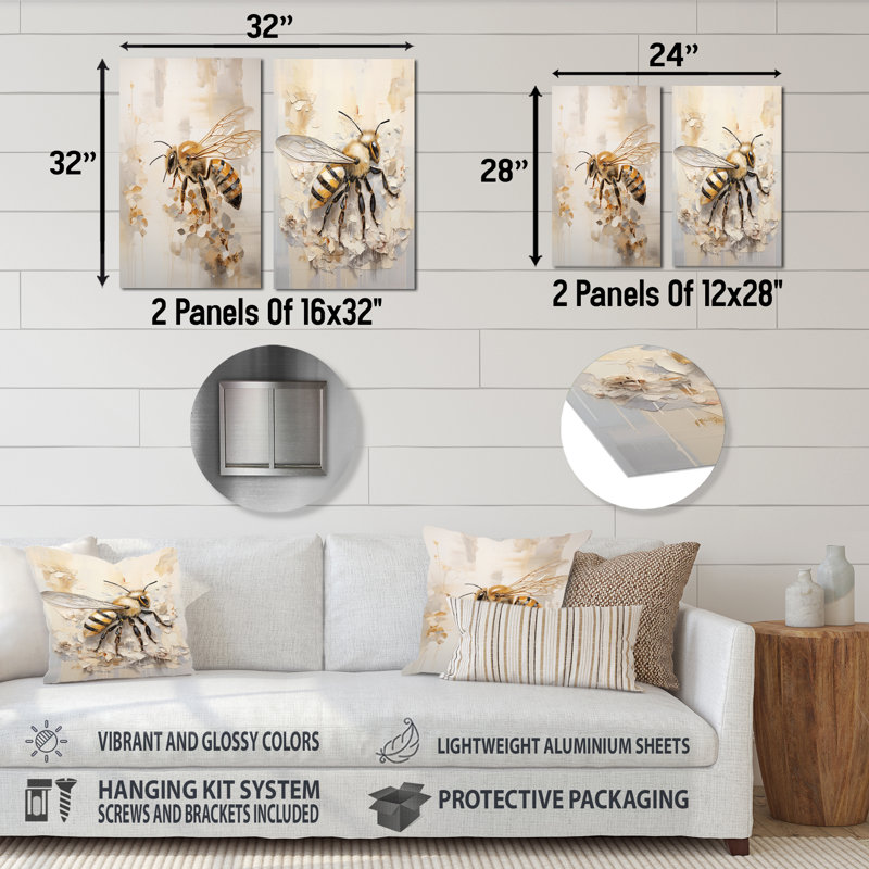 Minimalisme Buzzing Bee - ensemble de 2 décorations murales en métal Bee, H 32 po x l 32 po