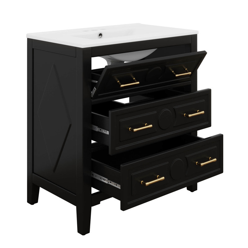 Meuble-lavabo autoportant de 30 po avec lavabo en céramique, armoire de rangement moderne avec 3 tiroirs, Noir