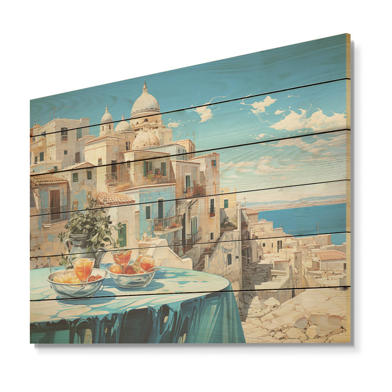 Azur, rue en Grèce I - Grèce, art mural sur bois de pin naturel, H 10 po x l 20 po